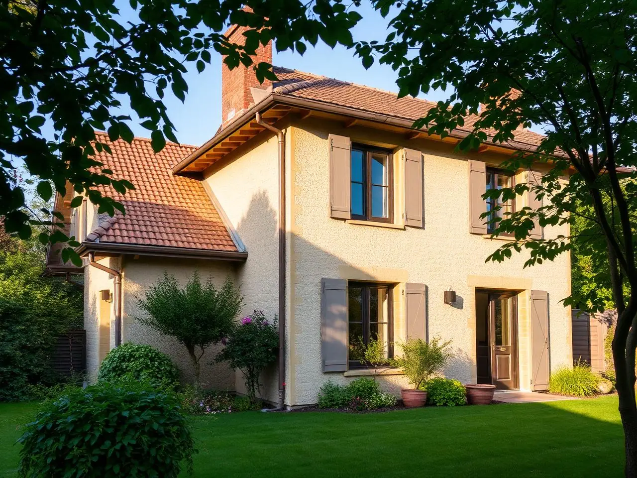 Maison de campagne dont la toiture en tuiles a été remise à neuf